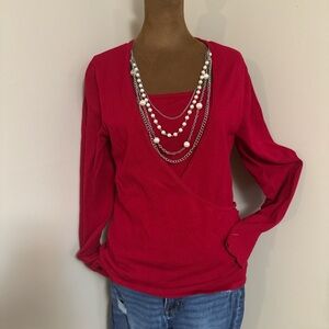 Apt. 9 Vibrant Red Long Sleeve Sweater with attached Silver and Pearl Necklace